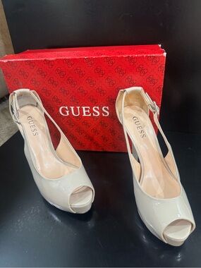 GUESS Nude Patent Peep-Toe Slingback Heels